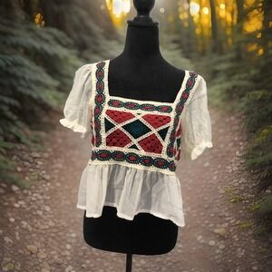 rebellion again crochet top Med Milkmaid Bohemian hippie gypsy Crop